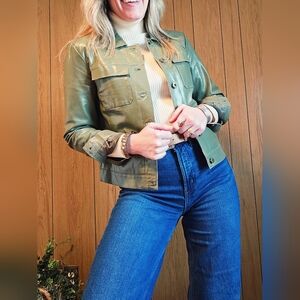Vintage 90s/Y2K Newport News Olive Green Faux-Leather Utility Jacket